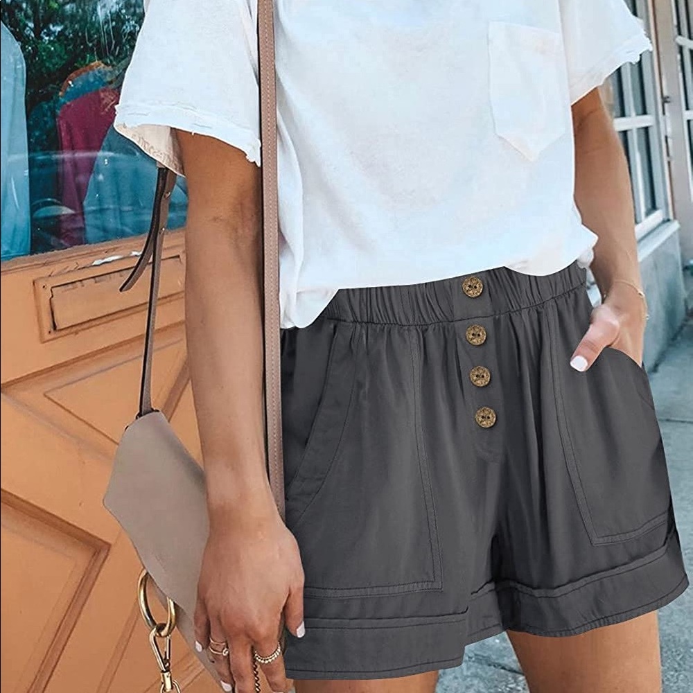 KISSMODA Womens Summer Shorts Solid  Elastic Waist w/Pockets Dark Grey